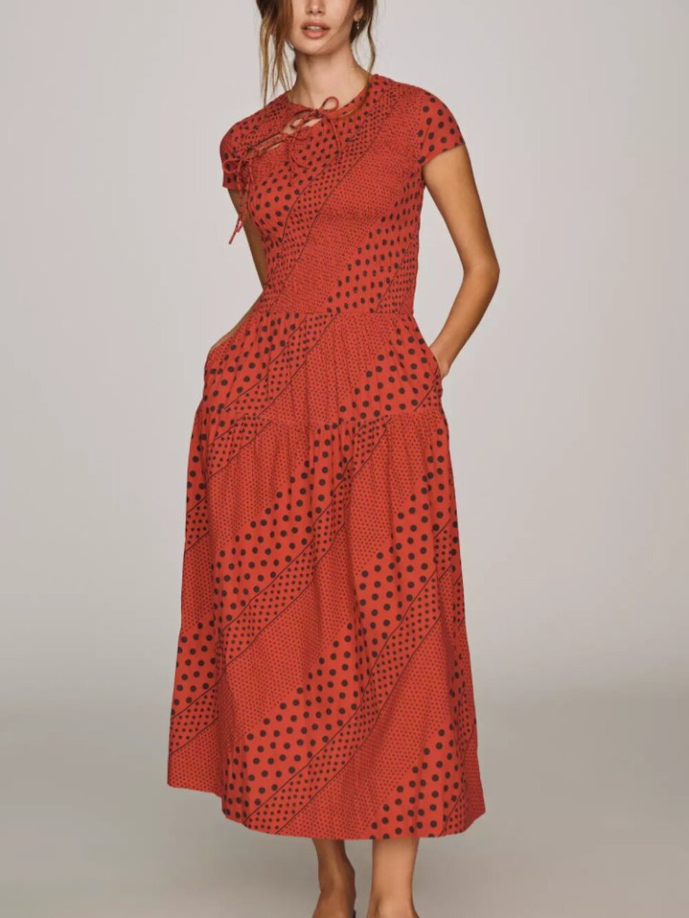 Damson Madder X Anthropologie Ebba Red w/Black Spots Midi Dress - Size 4 - NWT